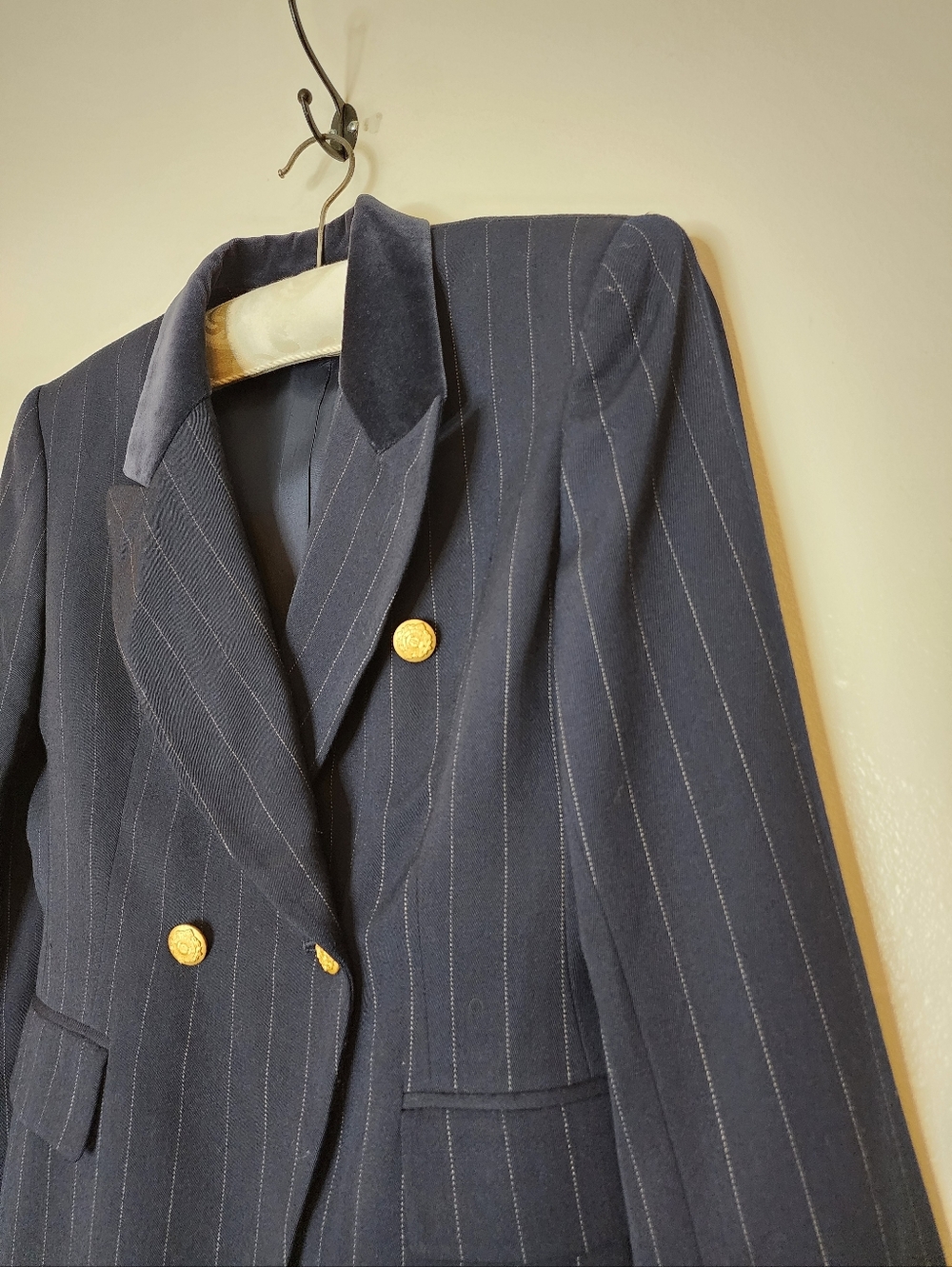 Jones New York Blazer Dsrk Blue Pinstripe Tailored Tuxedo Military Jacket Office - Picture 14 of 16